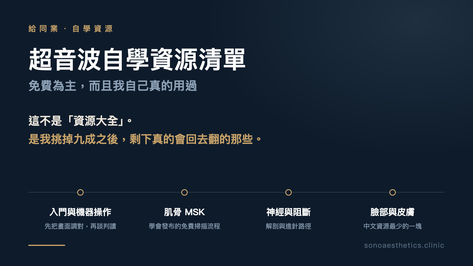 超音波自學資源四區:入門與機器操作、肌骨 MSK、神經與阻斷、臉部與皮膚